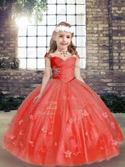 Straps Sleeveless Child Pageant Dress Beading and Hand Made Flower Coral Red Tulle