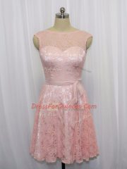 Pink and Baby Pink Zipper Scoop Beading and Lace Prom Gown Lace Sleeveless