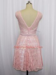 Pink and Baby Pink Zipper Scoop Beading and Lace Prom Gown Lace Sleeveless