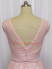 Pink and Baby Pink Zipper Scoop Beading and Lace Prom Gown Lace Sleeveless