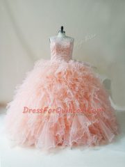 Fashionable Scoop Sleeveless Lace Up 15th Birthday Dress Peach Tulle