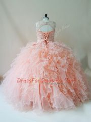 Fashionable Scoop Sleeveless Lace Up 15th Birthday Dress Peach Tulle