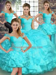 Excellent Aqua Blue Ball Gowns Organza Off The Shoulder Sleeveless Beading and Ruffles Floor Length Lace Up Sweet 16 Dress