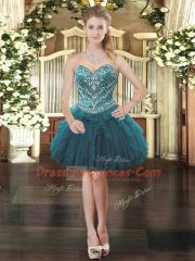 Sweetheart Sleeveless Homecoming Dress Mini Length Beading and Ruffles Teal Organza