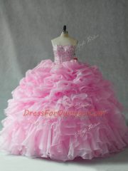 Baby Pink Organza Lace Up Strapless Sleeveless 15th Birthday Dress Brush Train Beading and Ruffles and Pick Ups