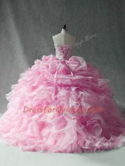 Baby Pink Organza Lace Up Strapless Sleeveless 15th Birthday Dress Brush Train Beading and Ruffles and Pick Ups