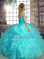 Hot Selling Beading and Ruffles Quinceanera Gown Blue Lace Up Sleeveless Floor Length