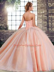 Brown Lace Up Sweetheart Beading 15 Quinceanera Dress Tulle Sleeveless Brush Train