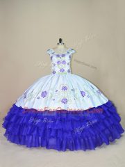 White And Purple Cap Sleeves Satin and Organza Lace Up Sweet 16 Dress for Sweet 16 and Quinceanera