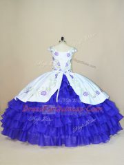 White And Purple Cap Sleeves Satin and Organza Lace Up Sweet 16 Dress for Sweet 16 and Quinceanera