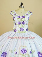 White And Purple Cap Sleeves Satin and Organza Lace Up Sweet 16 Dress for Sweet 16 and Quinceanera
