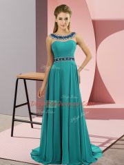 New Arrival Teal Sleeveless Brush Train Beading Dress for Prom