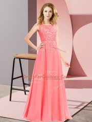 Chiffon Sleeveless Floor Length Quinceanera Court of Honor Dress and Beading and Appliques