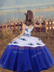 High Class Royal Blue Sleeveless Organza Lace Up Kids Pageant Dress for Party and Wedding Party