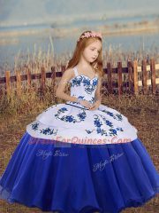 High Class Royal Blue Sleeveless Organza Lace Up Kids Pageant Dress for Party and Wedding Party