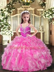 Straps Sleeveless Organza Pageant Dress Beading and Ruffles Lace Up
