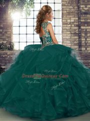 Fancy Tulle Straps Sleeveless Lace Up Beading and Ruffles Quinceanera Gowns in Purple