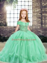 Straps Sleeveless Tulle Kids Pageant Dress Beading and Ruffles Lace Up