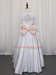 Scoop Half Sleeves Lace Up Flower Girl Dress White Satin
