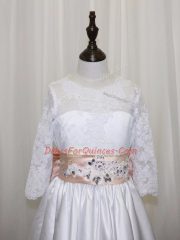 Scoop Half Sleeves Lace Up Flower Girl Dress White Satin
