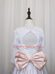 Scoop Half Sleeves Lace Up Flower Girl Dress White Satin