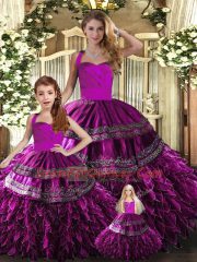Best Selling Fuchsia Organza Lace Up Halter Top Sleeveless Floor Length Quinceanera Dress Embroidery and Ruffles