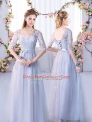 Charming Grey Empire V-neck Half Sleeves Tulle Floor Length Lace Up Lace Quinceanera Court of Honor Dress
