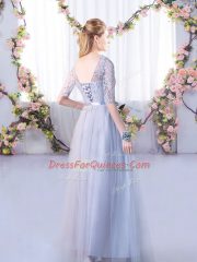Charming Grey Empire V-neck Half Sleeves Tulle Floor Length Lace Up Lace Quinceanera Court of Honor Dress