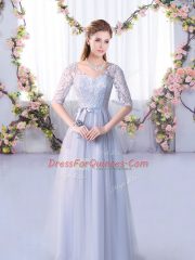 Charming Grey Empire V-neck Half Sleeves Tulle Floor Length Lace Up Lace Quinceanera Court of Honor Dress