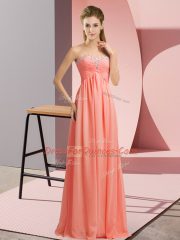 Floor Length Lace Up Watermelon Red for Prom and Party and Military Ball with Beading