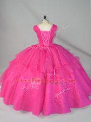 High End Hot Pink Quinceanera Gowns Sweet 16 and Quinceanera with Beading Straps Sleeveless Lace Up