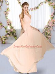 Simple Peach Lace Up Quinceanera Dama Dress Ruching Sleeveless Floor Length