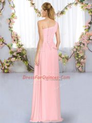 Simple Peach Lace Up Quinceanera Dama Dress Ruching Sleeveless Floor Length