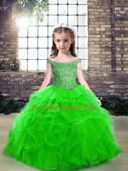 Sleeveless Tulle Floor Length Lace Up Pageant Dress Womens in Green with Beading