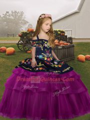 Sweet Straps Long Sleeves Little Girls Pageant Gowns Floor Length Embroidery Fuchsia Tulle