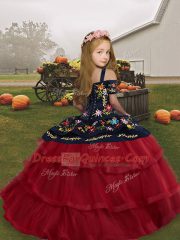 Sweet Straps Long Sleeves Little Girls Pageant Gowns Floor Length Embroidery Fuchsia Tulle
