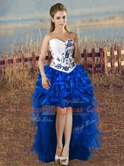 Satin and Organza Sweetheart Sleeveless Lace Up Embroidery and Ruffles 15 Quinceanera Dress in Blue And White