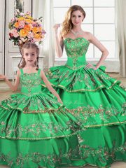 Dazzling Sleeveless Floor Length Lace Up Quinceanera Gown in Green with Ruffled Layers