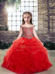 Best Off The Shoulder Sleeveless Lace Up High School Pageant Dress Red Tulle