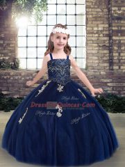 Graceful Straps Sleeveless Child Pageant Dress Floor Length Beading and Appliques Navy Blue Tulle
