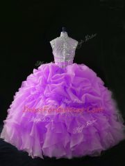 Nice Straps Sleeveless Quinceanera Gowns Floor Length Sequins and Pick Ups Lilac Organza