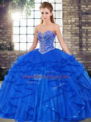 Fantastic Royal Blue Lace Up Quince Ball Gowns Beading and Ruffles Sleeveless Floor Length