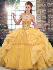 Free and Easy Ball Gowns Quinceanera Dress Gold Halter Top Organza Sleeveless Floor Length Lace Up