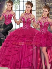 Halter Top Sleeveless Tulle Quinceanera Dresses Beading and Ruffles Lace Up
