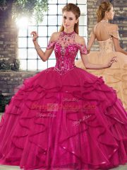 Halter Top Sleeveless Tulle Quinceanera Dresses Beading and Ruffles Lace Up