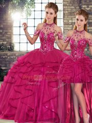 Halter Top Sleeveless Tulle Quinceanera Dresses Beading and Ruffles Lace Up