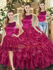 Sleeveless Floor Length Ruffles Lace Up Quinceanera Dresses with Fuchsia