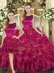 Sleeveless Floor Length Ruffles Lace Up Quinceanera Dresses with Fuchsia