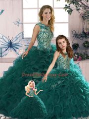 Fashionable Beading and Ruffles Quinceanera Gowns Peacock Green Lace Up Sleeveless Floor Length