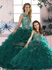 Fashionable Beading and Ruffles Quinceanera Gowns Peacock Green Lace Up Sleeveless Floor Length